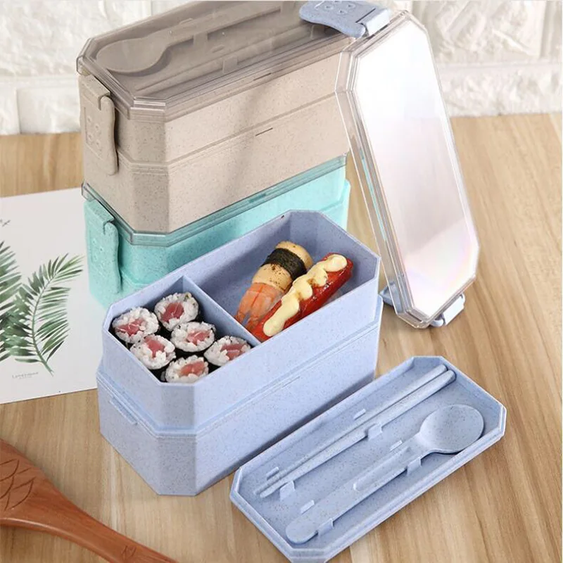 

2019 New 2 Layers Bento Box Eco-Friendly Lunch Box Food Container Wheat Straw Material Microwavable Dinnerware Lunchbox