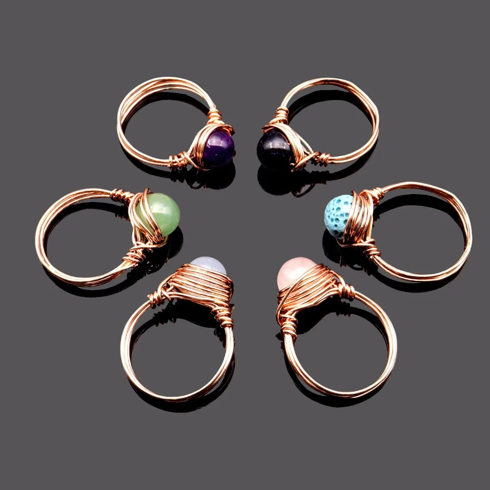 

1pc Handmade Wire Wrapped Rose Gold Color Plated Rings Natural Amethysts Agates Quartz Stone Rings Party Wedding Women Jewelry