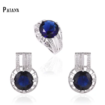 

PATAYA Charm Blue Wedding Jewelry Sets True White Gold Green Natural Zircon Fine Bride Big Earrings Ring Jewelry Set Wholesale