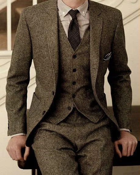 Новейший дизайн пальто брюки коричневый твидовый костюм Мужской винтажный зимний официальный Свадебный костюм для мужчин Классический костюм 3 предмета мужской костюм