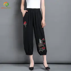 Фолк-Пользовательские Для женщин цветочной вышивкой эластичный пояс Фонари брюки Повседневное свободные Pantalon плюс Размеры широкие брюки