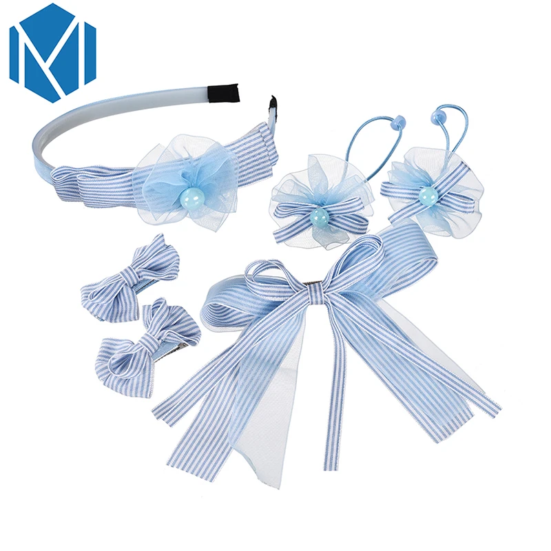 

Q 6 Pcs/Set Girls Stripe Hair Accessories Yarn Beads Bowknot Hair Bands Clips Barrettes Candy Color Fresh Scrunchy Headwear