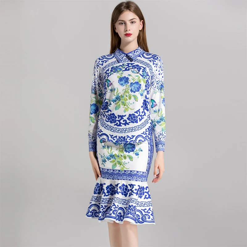 Turn down Sirène Bleu Hot Longueur À Genou Jupes De 2018 Ensembles Chemises Col Automne Costumes Haute Mode D'impression Femmes Qualité TvnzqwPIx