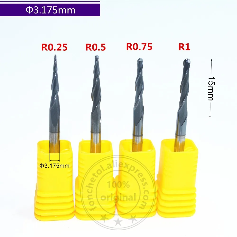 3.175mm-R0.25& R0.5& 0,75& 1,0-1 шт cnc карбид вольфрама 2 флейты конические Шаровые носовые фрезы, Деревообработка сферическая гравировка бит