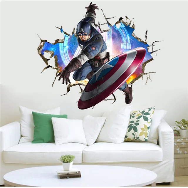 3d cracked wall super hero captain america shield throw decal
