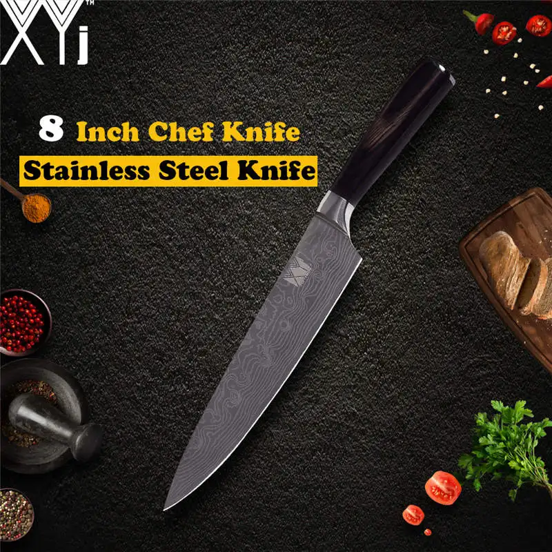 

XYj Kitchen Stainless Steel Knife Color Wood Handle Sharp Blade Damascus Pattern Chef Knife Utensils Cooking Accessories