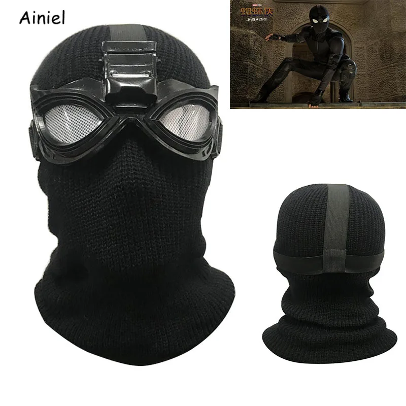 

Movie Spider-Man Far From Home Stealth Suit Spiderman Cosplay Costume Mask Halloween Black Mask for Adult Men Removable Eyeglass