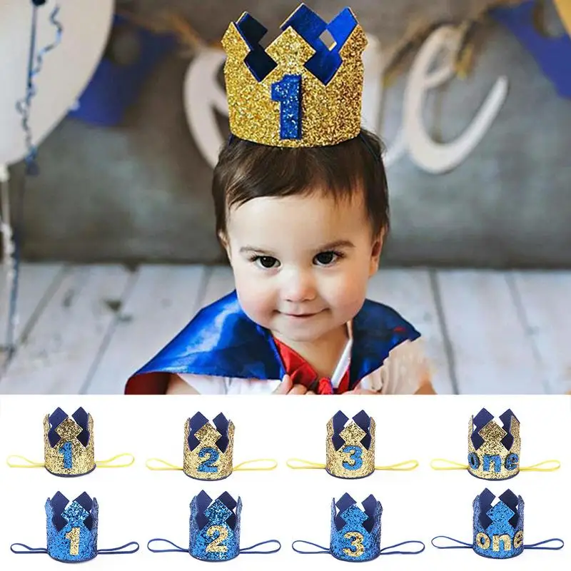 

1 2 3 Years Old Birthday Hat Baby Shower Decorative Headband Children's Party Crown Hat Blue Gold