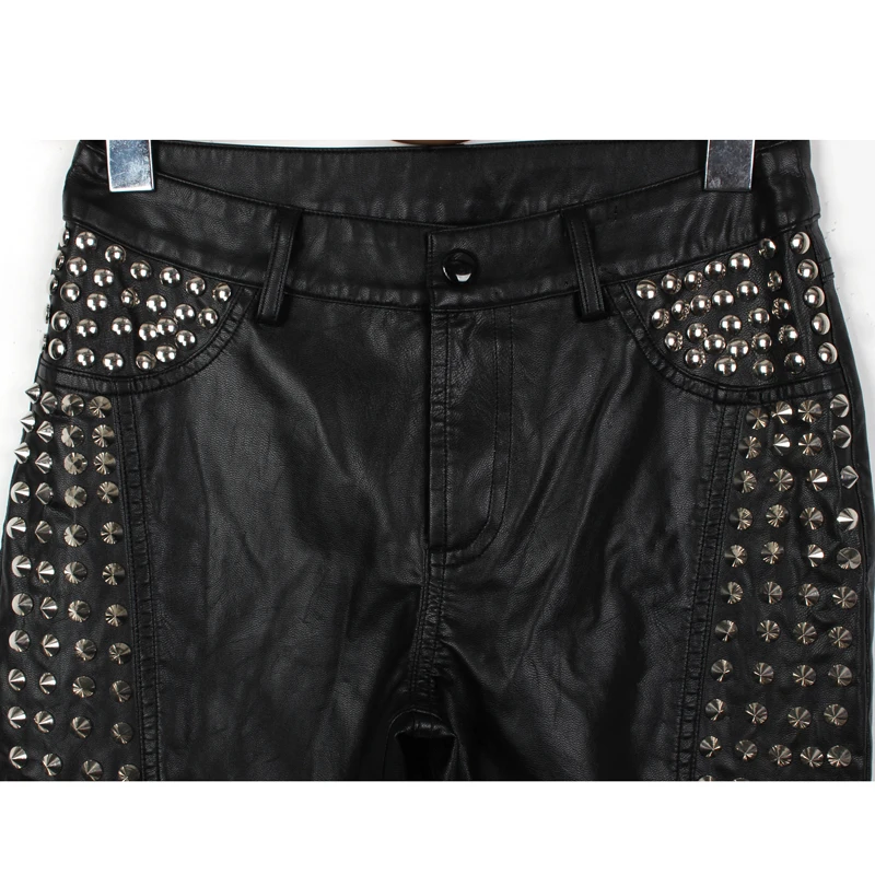 Сексуальные женские модные узкие брюки из искусственной кожи с шипами, брюки с заклепками, уличная одежда в стиле панк-рок, штаны для ночного клуба D162