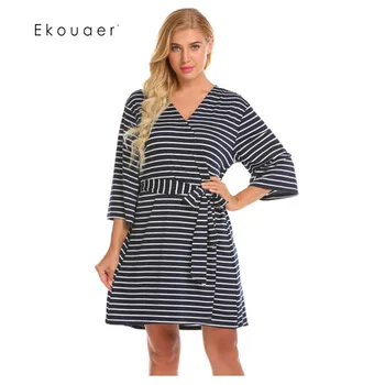 

Ekouaer Women Robe Bathrobe Gown Sleepwear Loose Striped Print Cardigan Pregnant Nursing Robe Night Kimono Robe Female Nightwear