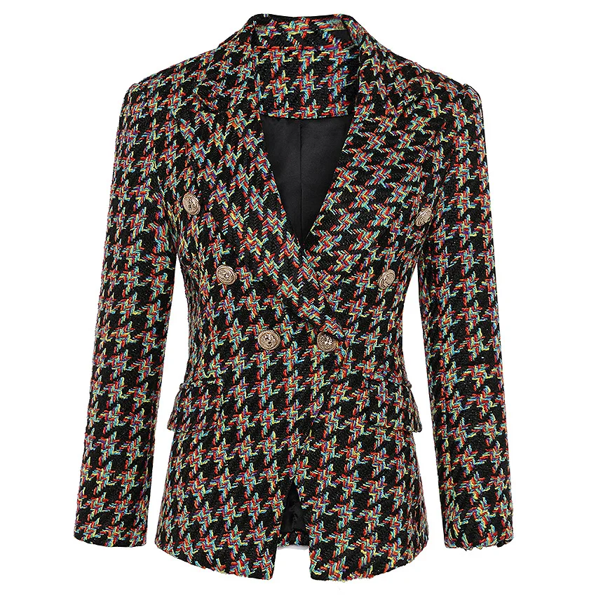 Tweed blazer woman spring autumn 2019 new office elegant Short Blazer Women Double Breasted plaid blazer Jacket ladies Overcoat