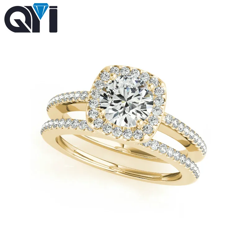 

QYI 1CT SONA Halo Engagement Ring Sets Round Cut Simulated Diamond Wedding Jewelry Women 925 sterling silver Bridal Band Ring