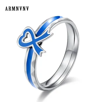 

ARMNVNV Autism Children Blue Ribbon Titanium Stainless Steel Ring Memorial Jewelry Blue Action World Autism Awareness Day