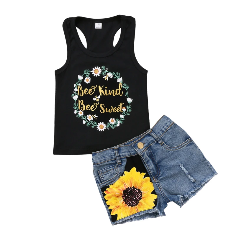 

2018 New Fashion Toddler Kids Girl Summer Clothes Sleeveless Floral Vest Tops+Sunflower Ripped Denim Shorts Jean 2PCS Outfit Set