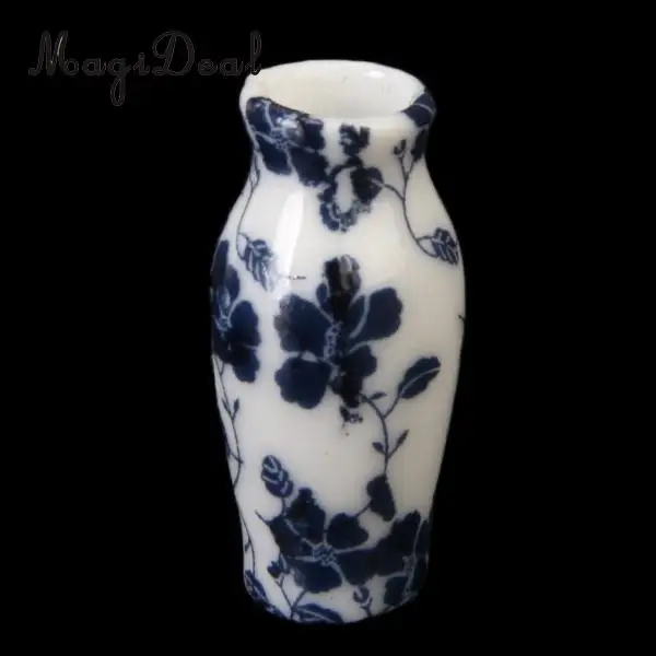 7Pcs/Set 1/12 Miniature Dollhouse Porcelain China Ceramic Chinese Porcelain Vase Blue Vine for Dolls Home Furniture Decor Toys
