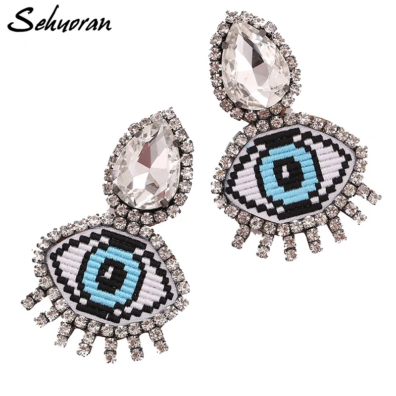 

Sehuoran Big Expression Emoji Embroidery Rhinestone Stud Earrings For Women Eye Crystal Statement Earrings Boho Wedding Earrings
