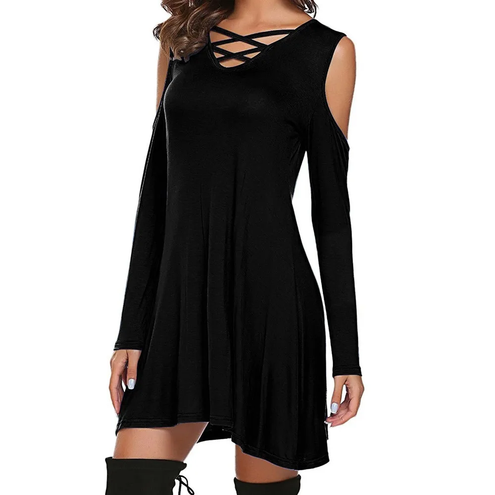 

Women Casual Cold Shoulder Long Sleeve Round Neck Dress Party Mni Dress