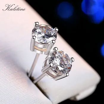 Genuine 925 Sterling Silver Earrings 2018 Clear Zirconia Solitare Round CZ Crystal Stud Earrings For Women Jewelry 5 6 7 8 mm