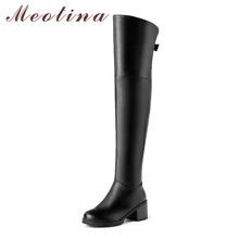 Meotina/высокие сапоги до бедра Зимние Сапоги выше колена женские высокие сапоги на высоком квадратном каблуке Женская обувь на молнии цвет черный, коричневый, 34-43