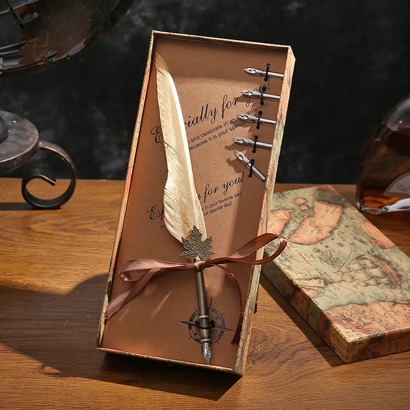 

Feather Dip Calligraphy with 5 Nib Gift Quill Pen Writing Ink Set Gift Box Wedding Fountain Pen Decoration New 1Set