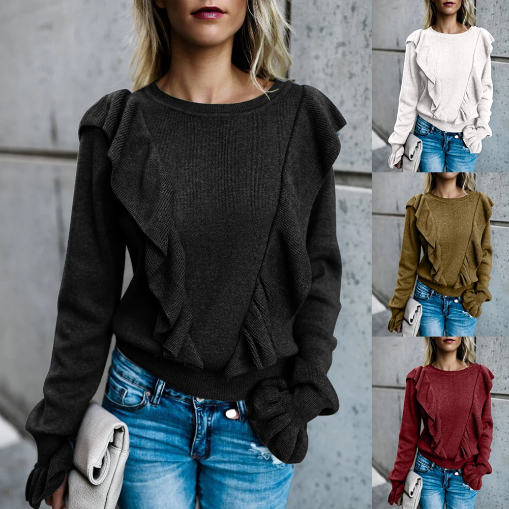 

Women T-shirt Home Long Sleeves Soft Solid Shopping Falbala Patchwork Daily Pullover Fashion Casual Travel Crew Neck #