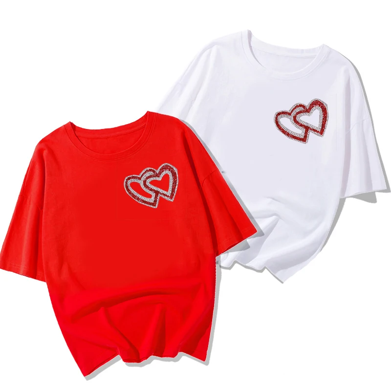 Double Heart Exquisite Rhinestone Stickers Heat Transfers For Clothes DIY Embroidery Applique For T-shirt Clothing Decor (3)