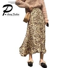 Юбка Осенняя женская новая новая Ретро мода леопардовая Высокая талия плиссированная Желтая средняя удлиненная юбка