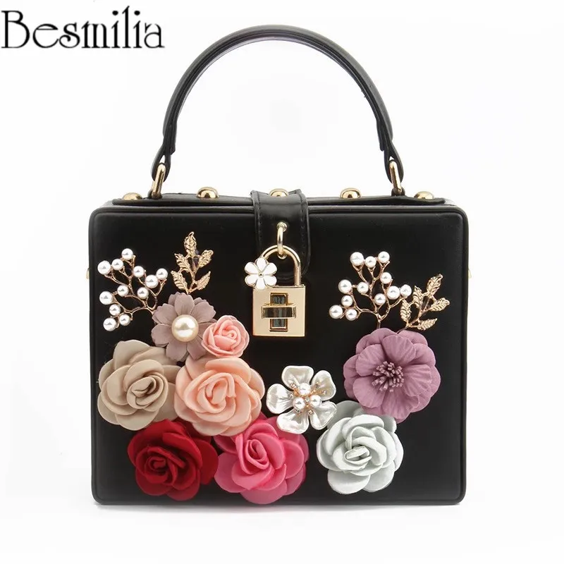 

Elegant Fashion Flower Pearls Ladies Handbag PU Leather Box Shape Clutch Evening Bag Wedding Bridals Shoulder Bag Cross Body Bag