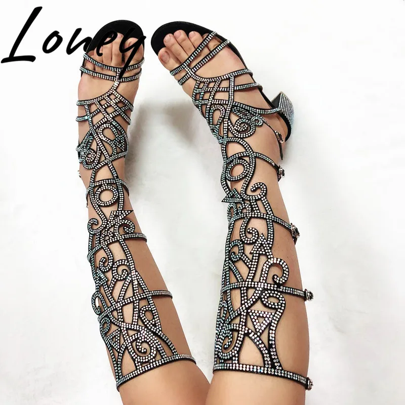 

Loney New Black White Gladiator Rome Crystal Beading Summer Sandals Open Toe Buckle Strap Knee HIgh Sandals Shoes Women