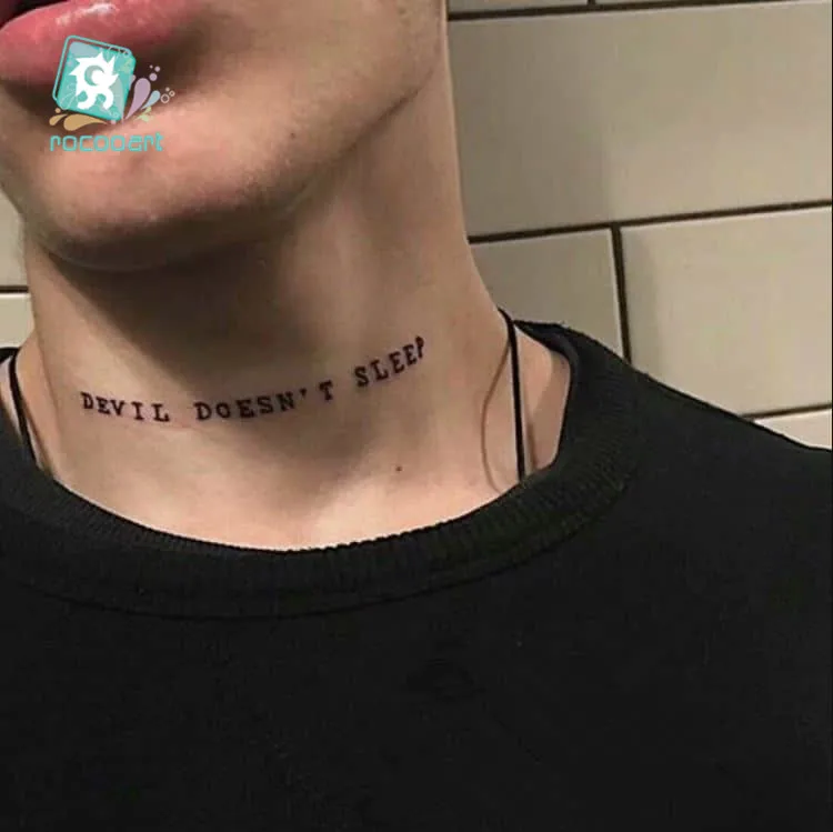 

Rocooart Waterproof Temporary Tattoo Sticker Black Devil Doesn't Sleep English Letters Flash Tatoo Fake Tatto Neck Wrist For Men