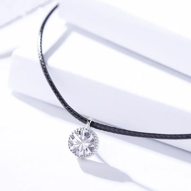 Lo Paulina S925 Серебряное классическое круглое черное кожаное ожерелье с цирконием