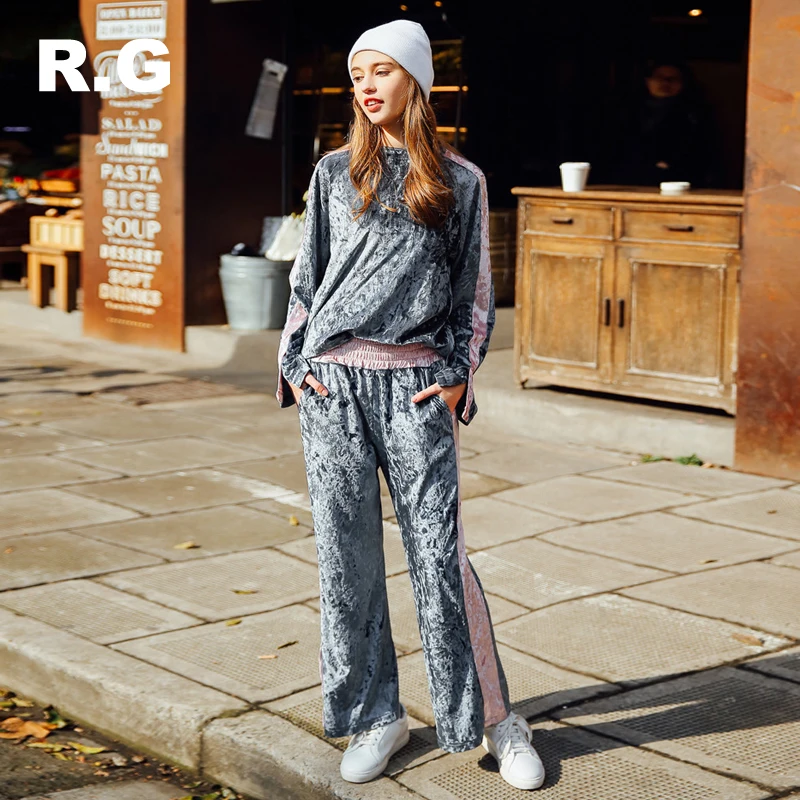 

RG Casual Style Tracksuit Women Gray Blue Pink Color Lady Sportswear Track Suit Velour Set Hoodie Pants for Women 2018