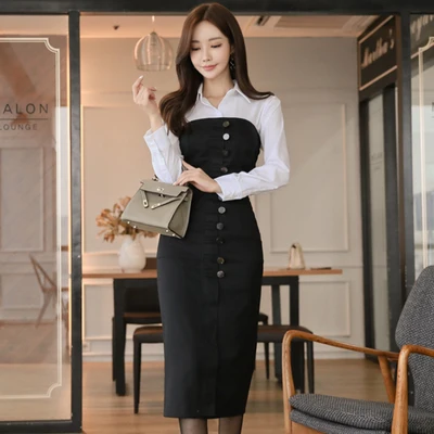 Осенне-зимние женские корейские элегантные костюмы из 2 предметов белая рубашка+ черное облегающее платье-карандаш без бретелек с открытой спиной Рабочий комплект - Цвет: blouse and dress