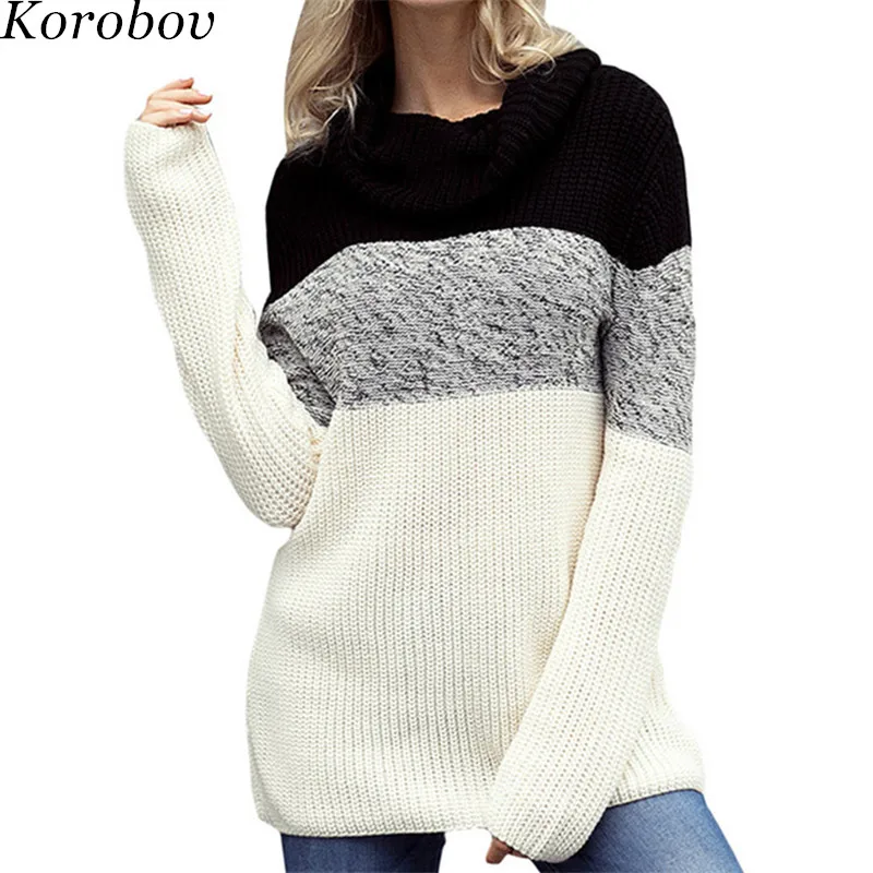 Korobov European Fashion Sweater Women Turtleneck Black White Patchwork