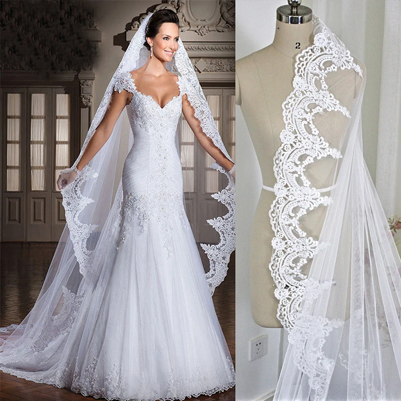 280CM Ivory Long Catherdal Wedding Veils One Layer Lace Edge White Bridal Veils Cheap Womens Wedding Accessories Free Shipping