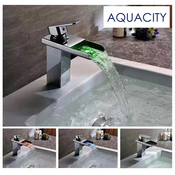 

LED with 3 Color Waterfall Brass Basin Faucet Bathroom Faucet