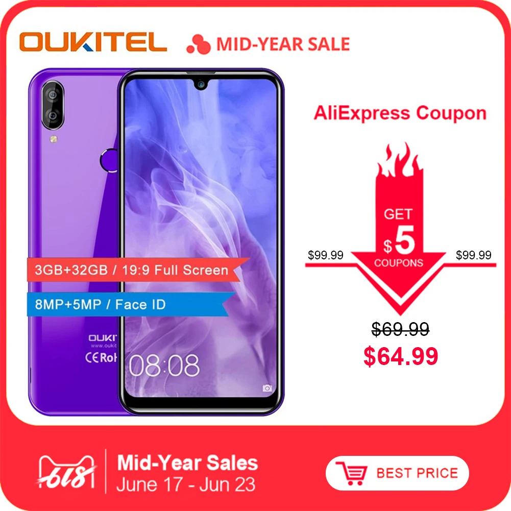 

OUKITEL C16 Pro RAM 3GB ROM 32GB 5.71" 19:9 Android 9.0 2600mAh Mobile Phone MT6761 ID Fingerprint 8MP+5MP Water drop screen
