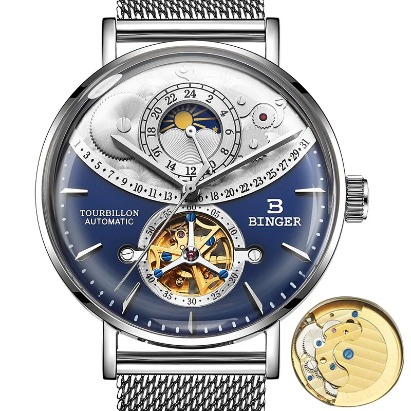 

BINGER Automatic Watch Men Skeleton Mechanical Men Watches Full Steel Sapphire Relogio Masculino Waterproof Gift Box