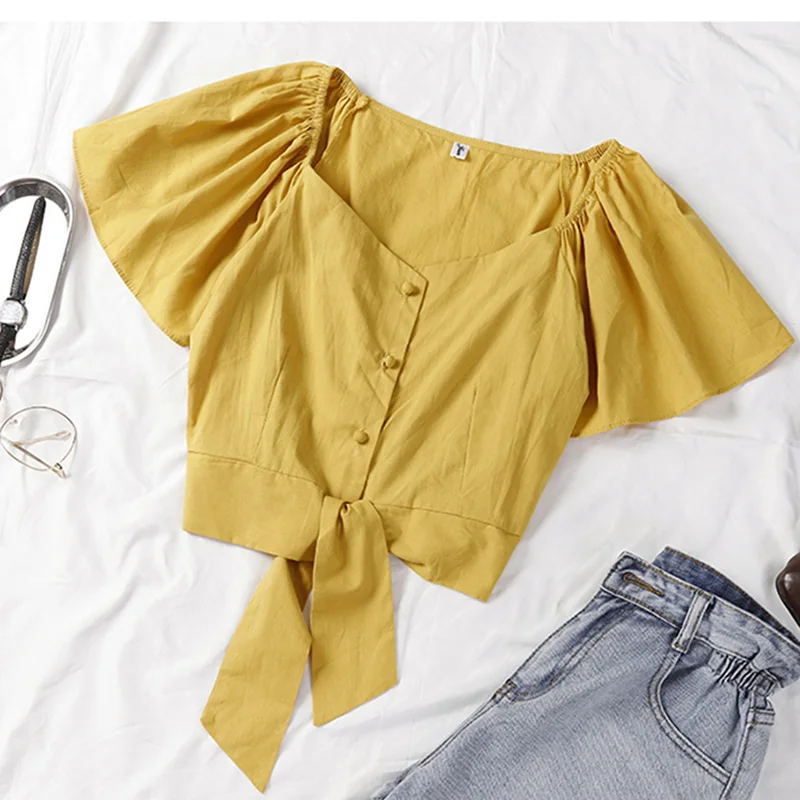 

Shintimes 2019 Summer Square Collar White Blouses Vintage Crop Top Sexy Button Blusas Mujer Butterfly Sleeve Shirt Femme New