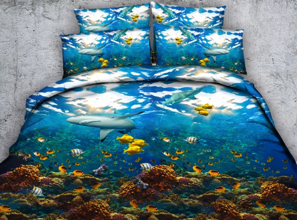 JF 435 HD Digital print bed sheets set 4pcs deep ocean scenery bedding