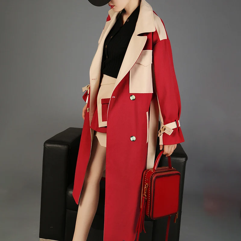 Longues Automne Femelle Lacent Twotwinstyle Décontractés Couleur Hit Nouveau Red Femmes Vêtements Coupe vent 2018 Manteau À Mode Manches Des Coat Patchwork Tranchée LzVjpGqSMU