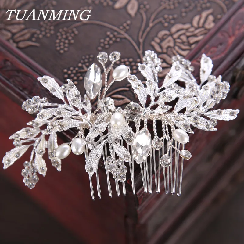

Pearl Rhinestone Silver Bride Hair Combs Wedding Hair Accessories Bride Headpieces Silver Leaf Hair Combs Hair Ornament Combs
