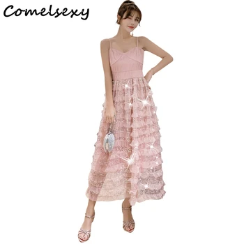 

Comelsexy New 2019 Summer Women Spaghetti Strap Mesh Sequine Holiday Dress Sexy Pink V Neck Long Dress Slim Layers Ruffles Dress