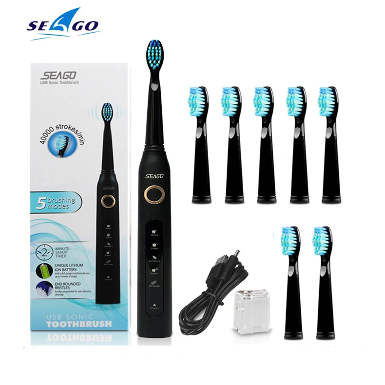 Электрическая зубная щетка Seago, электрическая звуковая волна, перезаряжаемая умная зубная щетка, сменная насадка для отбеливания зубов, массажная резинка, 5 режимов