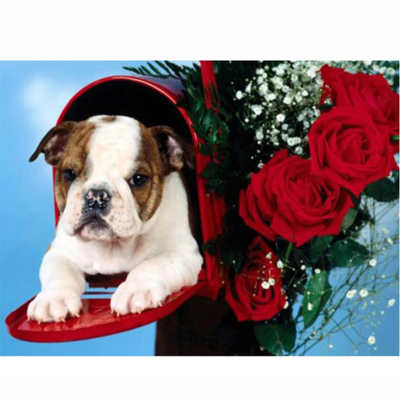 DIY Diamond Painting by Number Cute Puppy and Red Rose Flower Cross Stitch Wall Sticker 5d Diamond Embroidery Animal Picture