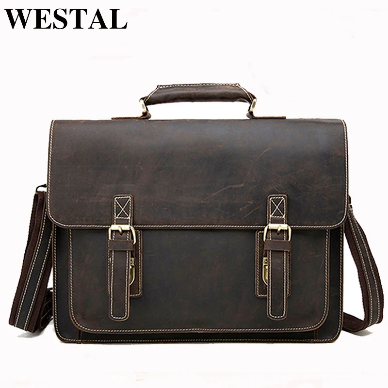 WESTAL Vintage Crazy Horse Genuine Leather Bag lawyer Men Briefcases ...