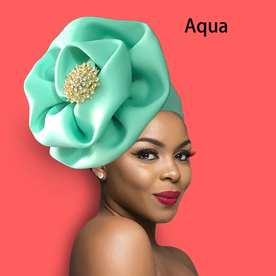 Women turban cap fashion flower decorate traditional African headtie solid headwrap cap (1)
