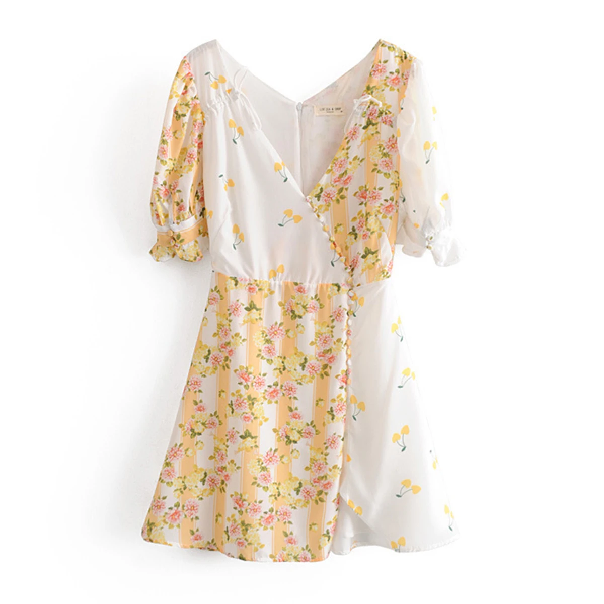 Лимоны цветочный принт мини платье женское летнее лоскутное Кнопка фонарь Shory рукав V образным вырезом сексуальное платье Элегантное цветочное короткое платье