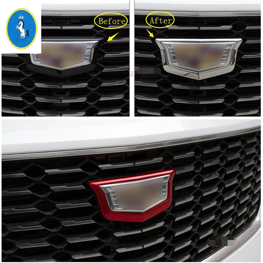 

Yimaautotrims Auto Accessory Front Center Logo Decorative Cover Trim ABS Fit For Cadillac XT4 2019 Red Chrome Carbon Fiber Look