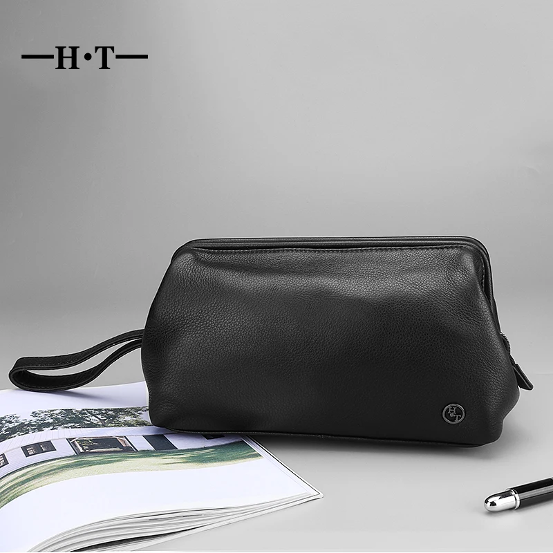 

HT Genuine Leather Triangle Day Clutches Mens Handbag Black Wallet Cow Leather Cellphone Pockets Clutches Hand Bags Purse Male